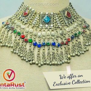 Kuchi Massive Afghan Choker Necklace, Vintage Necklace With Multicolor Glass